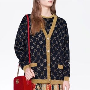 GUCCI $1600 Cardigan Gold and Blue Monogram Print XS
